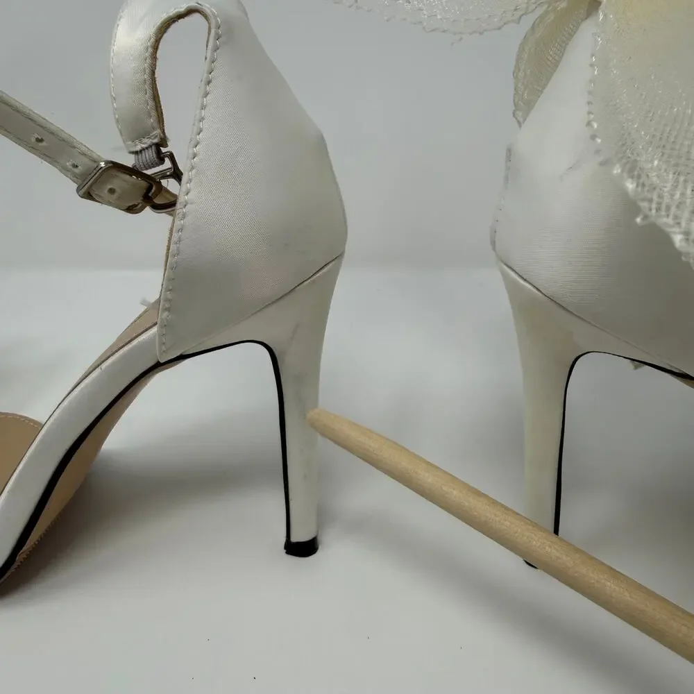 White Satin Bow Ankle Strap Stiletto Heels Size 8